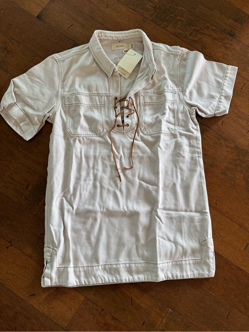 Kivari Mini Dress in Off-White with Brown Lace-Up Detail